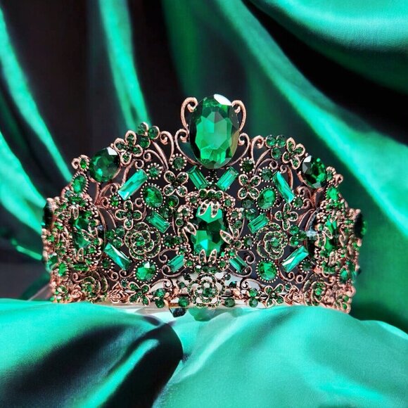 Vintage Handmade Crown, Emerald Crystal Crown, Victorian Tiara, Copper Crown main image 5